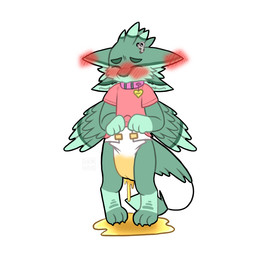 3_fingers accident anthro blush blushing_profusely bodily_fluids clothed clothing collar diaper eyebrows eyes_closed feathers fingers front_view fur genital_fluids green_body green_eyebrows green_feathers green_fur male name_on_collar partially_clothed shirt simple_background solo standing tail text topwear urine urine_puddle wetting white_background winged_arms wings deargengar levi_(fatcat4t4) avali 1:1