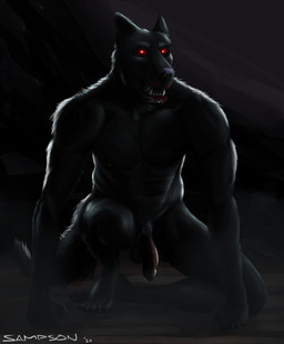 5_fingers 5_toes all_fours anthro backlighting balls black_body black_claws black_fur black_nose blood blood_in_mouth bodily_fluids broad_shoulders claws crouching dark ears_back feet fingers fluffy fluffy_tail fur genitals glowing glowing_eyes half-erect hand_on_ground humanoid_feet humanoid_genitalia humanoid_penis light looking_at_viewer male muscular muscular_anthro muscular_male nude open_mouth penis pink_penis pivoted_ears plantigrade pubes red_eyes simple_background solo tail teeth toe_claws toes sampsonwoof mythology canid canine mammal mythological_canine mythological_creature werecanid werecanine werecreature werewolf 2020 absurd_res digital_drawing_(artwork) digital_media_(artwork) hi_res lighting shaded signature story story_in_description