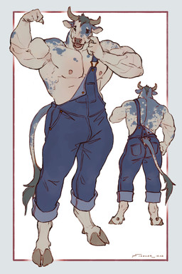 2_horns 4_fingers anthro biceps big_muscles biped blue_body blue_clothing blue_overalls border bottomwear bovid_horn bovine_horn claws clothed clothed_anthro clothed_male clothing dewclaw_hooves eyebrows finger_claws fingers flexing flexing_bicep flexing_muscles front_view furgonomic_bottomwear furgonomics green_eyes green_hair green_tail_tuft hair head_horn hooves horn looking_at_self male mottled mottled_arms mottled_body mottled_head mottled_tail mottled_torso multiple_angles muscular muscular_anthro muscular_male nipples open_mouth overalls pockets pose pupils rear_view scratching_cheek simple_background snout solo standing tail tail_tuft tan_body teal_border teeth text tongue_showing tuft unguligrade white_background white_sclera taran_fiddler hercule_(diarmaidhutchence) belgian_blue bovid bovine cattle mammal 2025 archived_source artist_name dated digital_drawing_(artwork) digital_media_(artwork) english_text full-length_portrait hi_res portrait