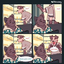 anthro black_body black_eyes black_fur dialogue dot_eyes duo floppy_ears fur male simple_eyes slim_anthro slim_male text white_body white_fur hemuchang pots_(hemuchang) shin_(hemuchang) canid canine canis domestic_dog felid mammal pantherine 1:1 2022 comic english_text hi_res
