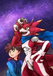 anthro brown_hair claws codpiece duo green_eyes hair horn male red_body scarf sky star starry_sky yellow_eyes ekumon bandai_namco digimon digimon_ghost_game hiro_amanokawa betelgammamon digimon_(species) human mammal scalie