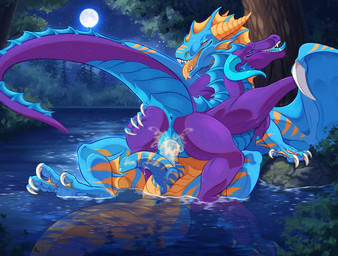 2_penises animal_genitalia animal_penis anus belly blue_belly blue_body bodily_fluids bone_frill butt butt_grab claws cowgirl_position cum cum_inside curved_horn digitigrade diphallism duo female feral feral_on_feral feral_penetrated feral_penetrating fin frill_(anatomy) from_front_position genital_fluids genital_slit genitals hand_on_butt hemipenes horn light liquid looking_at_another lying male male/female membrane_(anatomy) membranous_wings moon moonlight multi_genitalia multi_penis non-mammal_vulva on_back on_bottom on_top open_mouth orange_fins penetration penile penile_penetration penis plant pond purple_body quadruped rock scales sex sky tail tailbutt thick_tail tongue tongue_out tree underwater underwater_sex ventral_scales vertical_diphallism vulva water wings yellow_belly owishka european_mythology mythology arkhor dracarna aquatic aquatic_dragon dragon eastern_dragon mythological_creature mythological_scalie reptile scalie western_dragon absurd_res hi_res