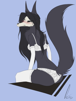 anthro armwear black_eyes blush bone bra clothing dark_body dark_fur dark_hair elbow_gloves female fluffy fluffy_tail fur gloves hair handwear legwear lingerie long_hair simple_background sitting skull skull_head solo tail thigh_highs underwear white_armwear white_clothing white_elbow_gloves white_gloves white_handwear siam_fox scp_foundation scp-1471-a malo