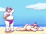 anthro aroused beach belly bikini_thong blush bodily_fluids butt clothing cloud duo erection genital_fluids lying male male/male moobs navel nipples on_front overweight overweight_anthro overweight_male precum presenting presenting_hindquarters sand sea swimwear teasing thong underwear water amanekiryuu echo_(calahootheyeen) joshie_(calahootheyeen) bear lagomorph leporid mammal polar_bear rabbit ursine hi_res