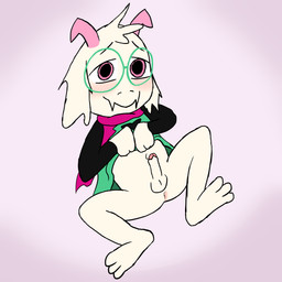 anthro anus balls barefoot black_clothing blush clothed clothing clothing_lift eyewear fangs feet foreskin fur genitals glasses green_clothing green_eyewear green_glasses horn humanoid_genitalia humanoid_penis looking_at_viewer lying male navel on_back penis pink_eyes pink_horn presenting presenting_anus presenting_penis purple_scarf robe round_glasses scarf shota simple_background smile solo spread_legs spreading teeth white_body white_fur young young_anthro maseru deltarune undertale_(series) ralsei bovid caprine darkner goat mammal 1:1 2021 absurd_res digital_drawing_(artwork) digital_media_(artwork) hi_res