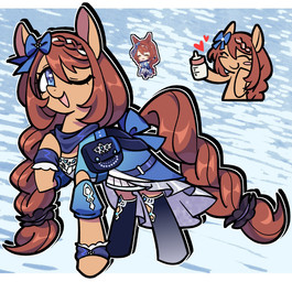 ;d accessory alternate_form armwear baby_bottle bangs beverage blue_clothing blue_eyes bow_ribbon braided_hair braided_tail brown_body brown_fur brown_hair chibi clothing cuff_(restraint) detached_sleeves dress female feral feralized frilly frilly_clothing fur furgonomics hair hair_accessory hair_bow hair_ribbon highlights_(coloring) holding_beverage holding_object leggings legwear long_hair long_tail looking_at_viewer one_eye_closed open_mouth open_smile outline ponification restraints ribbons saddle_bag scarf scrunchie side_bangs smile solo tail tail_accessory tail_bow tail_ribbon white_highlights white_outline wrist_cuffs applejoople cygames hasbro my_little_pony uma_musume_pretty_derby super_creek_(pretty_derby) equid equine horse mammal pony 2025 cel_shading full-length_portrait hi_res portrait shaded