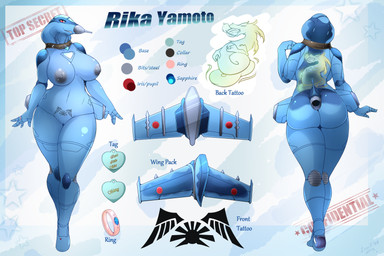 aircraft airplane anthro areola big_areola big_breasts big_nipples blue_body breasts butt cockpit collar collar_only color_swatch female fin front_view genitals hip_wings jet jet_engine machine metallic_body nipples non-mammal_breasts non-mammal_nipples not_furry nude nude_anthro nude_female rear_view red_eyes simple_background smile solo tail tail_fin text thick_thighs unusual_wing_placement vehicle vulva wheel wheel_feet wide_hips wings leonkatlovre rika_(rikayamoto) aeromorph living_aircraft living_machine living_vehicle digital_media_(artwork) english_text hi_res model_sheet multiple_images