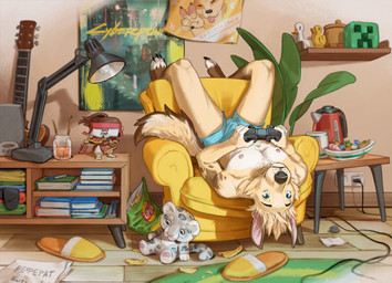 anthro arm_markings armchair blue_clothing blue_eyes blue_underwear book bookshelf chair chips_(food) claws clothed clothing controller electric_guitar food footwear fur furniture game_controller gaming guitar holding_object inside kettle lamp male markings mid-century_modern mid-century_modern_furniture musical_instrument nipples plant plucked_string_instrument plushie poster_(object) rug shoes slippers solo string_instrument tail tan_body tan_fur text toe_claws underwear underwear_only upside_down spiritinchoco cd_projekt_red cyberpunk_2077 lay's microsoft minecraft mojang xbox_game_studios canid canine mammal 2026 digital_media_(artwork) english_description english_text hi_res russian_text