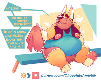 abstract_background anthro areola barbell_piercing belly bench big_belly blue_clothing blue_topwear bodily_fluids body_hair bottomwear bulge chest_hair clothed clothing excessive_body_hair eyes_closed fangs fur head_tuft male male_anthro moobs nipple_piercing nipples obese obese_anthro obese_male open_mouth orange_body orange_fur overweight overweight_anthro overweight_male pawpads piercing red_bottomwear red_clothing red_pawpads sitting solo sweat teeth text tight_clothing tight_topwear topwear tuft white_body white_fur chocolateandmilk canid canine canis domestic_dog mammal english_text hi_res url
