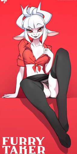 alternate_species anthro breasts butt clothed clothing female fur furrification hair horn looking_at_viewer open_mouth red_eyes solo white_body white_fur white_hair krokobyaka helltaker goat_lucifer_(helltaker) bovid caprine demon goat mammal 2020 hi_res