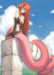 amber_eyes apode armwear big_breasts breasts cleavage clothed clothing cloud day eyebrows eyelashes female fingers hair hair_between_eyes happy humanoid_hands humanoid_pointy_ears legless long_hair monster_girl_(genre) navel outside pointy_ears pose red_body red_hair red_scales red_tail rock scales serpentine sitting skimpy sky slim small_waist smile solo split_form tail vins-mousseux monster_musume miia_(monster_musume) draconcopode humanoid lamia reptile scalie snake 2017 digital_media_(artwork) hi_res portrait