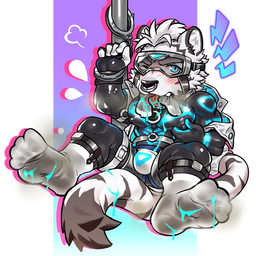 anthro black_bodysuit black_clothing black_skinsuit blue_eyes blue_fluid blush bodysuit bulge chibi clothing cuff_(restraint) dirty dirty_clothing dirty_socks eyewear facial_piercing footwear fur goggles grey_clothing grey_footwear grey_socks handcuffed handcuffed_to_pole handcuffs jacket male metal_cuffs muscular muscular_anthro muscular_male nipple_fetish nipple_outline nipple_pinch nipple_play nose_piercing nose_ring one_eye_closed pecs piercing pinch pole restraints ring_piercing septum_piercing septum_ring skinsuit sock_in_mouth socks solo striped_body striped_fur stripes tail tight_clothing topwear white_body white_clothing white_footwear white_fur white_jacket white_socks white_topwear boooox felid mammal pantherine tiger 1:1 2026 hi_res