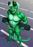 4_toes abs anthro balls barefoot big_muscles claws clothed clothing collarbone countershade_tail countershade_torso countershading erection eyebrows feet finger_claws foreskin frenulum genitals glans green_arms green_balls green_body green_countershading green_feet green_fingers green_foreskin green_hair green_horn green_legs green_nipples green_penis green_scales green_tail green_toes hair horn humanoid_genitalia humanoid_penis male muscular muscular_anthro muscular_male navel nipples paws pecs penis pink_glans pink_tongue plantigrade pose red_eyes retracted_foreskin scales shadow skateboard solo standing tail teeth toe_claws toes tongue topless vehicle eldiman mythology dragon mythological_creature mythological_scalie scalie absurd_res hi_res