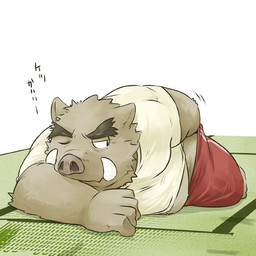 anthro belly bottomwear brown_body brown_fur clothing fur kemono lying male pants shirt slightly_chubby solo text topwear inuryu mammal suid suine sus_(pig) wild_boar 1:1 2015 japanese_text