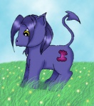 alternate_species ambiguous_gender cloud crossover equid equine feral field grass hair hasbro horse low_res mammal marvel my_little_pony nature nightcrawler outside plant ponification pony pre-g4 purple_hair sky smoke solo spade_tail surprise symbol tail unknown_artist x-men yellow_eyes