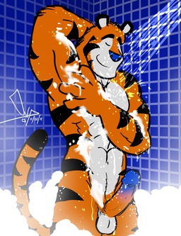 anthro balls bathing biceps big_muscles big_penis blue_glans blue_nose countershading erection eyes_closed fur genitals glans humanoid_genitalia humanoid_penis male markings mascot multicolored_penis muscular muscular_anthro muscular_male nipples nude orange_body orange_fur orange_penis pecs penis shower solo stripes tail tile tile_wall two_tone_penis wall_(structure) water wet white_balls bgn frosted_flakes kellogg's tony_the_tiger felid mammal pantherine tiger 2011 digital_media_(artwork)