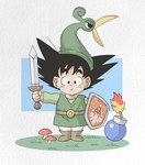 beak black_hair bomb boots clothing cosplay crossover_cosplay duo explosives fire footwear fungus grass hair hat headgear headwear hylian_shield male melee_weapon mushroom plant shield shirt shoes smile smiling_at_viewer sword topwear tunic weapon wesatinthecar dragon_ball minish_cap nintendo the_legend_of_zelda wind_waker ezlo goku toon_link avian human mammal crossover hi_res