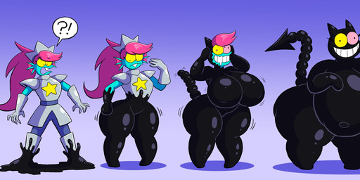 anthro armor basic_sequence big_breasts black_body blue_body breast_expansion breasts clothed clothing corruption expansion female hair heterochromia huge_breasts interrobang linear_sequence mind_control nipples open_mouth possession red_hair simple_background smile solo species_transformation speech_bubble standing tail teeth transformation transformation_sequence wide_hips grepstrash deltarune undertale_(series) friend_(deltarune) undyne domestic_cat felid feline felis fish humanoid mammal marine scalie shadow_creature 2025 digital_media_(artwork) hi_res