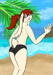 anthro beach big_breasts blush bottomwear breasts clothed clothing female fruit_tree fur hair looking_at_viewer outside partially_clothed plant plum_tree red_hair seaside sky smile solo swimwear topless tree underwear water isi thebonebutterfly isabell lagomorph leporid mammal rabbit absurd_res digital_media_(artwork) hi_res