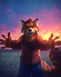 anthro cheek_tuft clothed clothing eyes_closed facial_tuft fangs front_view fur grass happy head_tuft male neck_tuft open_mouth open_smile orange_body orange_fur outside plant red_tongue slightly_chubby slightly_chubby_anthro slightly_chubby_male smile solo standing sunset tan_body tan_fur teeth tongue topless tuft mylafox ailurid mammal red_panda 2018 dated hi_res portrait signature three-quarter_portrait