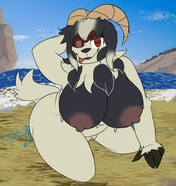 anthro areola baphomet_(sabbath_goat) big_breasts black_body black_fur black_nose breasts brown_areola brown_nipples detailed_background female female_anthro fur genitals heart_eyes heart_symbol hooves horn huge_breasts looking_at_viewer multicolored_body multicolored_fur navel nipples nude pose sand solo tan_body tan_fur thick_thighs tongue tongue_out vulva water wet wet_body wet_fur sabbath_goat bovid caprine caprine_demon demon goat goat_demon mammal hi_res pinup