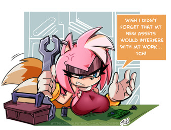 annoyed anthro blue_eyes bracelet clothing cross-popping_vein dialogue dress female fur gloves gold_(metal) gold_bracelet gold_jewelry handwear jewelry orange_body orange_fur pink_body pink_fur possession red_clothing red_dress solo speech_bubble text toolbox tools white_clothing white_gloves white_handwear wrench hugothetroll sega sonic_the_hedgehog_(series) amy_rose miles_prower canid canine eulipotyphlan fox hedgehog mammal red_fox true_fox 2025 colored english_text hi_res url watermark