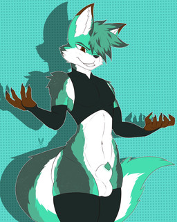animal_genitalia anthro arm_warmers armwear balls big_tail black_arm_warmers black_armwear black_clothing black_crop_top black_legwear black_shirt black_thigh_highs black_topwear bottomless brown_body brown_fur clothed clothing crop_top dotted_background fur genitals green_body green_fur green_pawpads green_penis hair hair_over_eye head_tuft legwear male multicolored_body multicolored_fur pattern_background pawpads penis penis_tip sheath shirt simple_background solo tail thigh_highs topwear tuft white_body white_fur cutefckngbunny bq hybrid 4:5 absurd_res hi_res