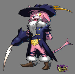 anthro belt_buckle black_eyebrows black_nose blade_arm blue_clothing blue_hat blue_headwear blue_jacket blue_stripes blue_topwear boots brown_boots brown_clothing brown_footwear buckle cheek_tuft clothed clothed_anthro clothed_male clothing eyebrows facial_tuft fangs featureless_crotch fluffy fluffy_tail footwear freckled_face freckles fur fur_trim_boots grey_background hair hand_behind_back hat headgear headwear jacket light long_tail male male_anthro markings mouth_closed multicolored_body multicolored_fur multicolored_tail one_eye_closed open_mouth open_smile pink_body pink_fur pink_hair pink_tail red_tongue shoes short_hair simple_background smile solo striped_arms striped_legs striped_markings striped_tail stripes tail tail_markings teeth text title tongue topwear tuft whisker_spots whiskers white_body white_fur yellow_eyes inkarat_mittongtare grimmlins_tale felid grimmlin mammal pussinbolts 2022 absurd_res colored digital_drawing_(artwork) digital_media_(artwork) english_description english_text full-length_portrait hi_res lighting official_art portrait shaded