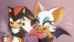 annoyed anthro breasts cheek_pinch clothing container cup dialogue duo eyeshadow female fur gloves handwear makeup male membrane_(anatomy) membranous_wings open_mouth open_smile smile text wings quark19601 sega sonic_the_hedgehog_(series) rouge_the_bat shadow_the_hedgehog bat eulipotyphlan hedgehog mammal 2019 english_text signature