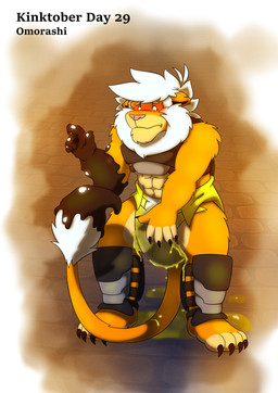 anthro armor blush bodily_fluids diaper embarrassed genital_fluids leaking_diaper male soaked solo unclean_diaper urine urine_pool used_diaper wet wet_diaper wetting leoniro_the_inklion inklion absurd_res hi_res