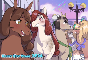 alternative_fashion blonde_hair blush blush_lines brown_body brown_eyes brown_fur brown_hair brown_mane city cloud eyelashes eyewear female feral freckled_face freckles fur glasses green_eyes group gyaru hair highlights_(coloring) holidays j-fashion long_eyelashes mane pigtails pince-nez red_eyes red_mane scarf shooting_star sky smile star starry_sky street_lamp tan_body tan_fur teeth white_body white_fur lightsource chinese_zodiac new_year year_of_the_horse stella-chan equid equine horse mammal 2026 hi_res