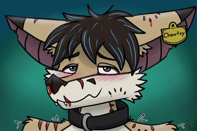 ambiguous_gender anthro bat_ears bat_nose bite_mark bite_marks_all_over blood blush bodily_fluids collar ear_piercing ear_tag gradient_background half-closed_eyes narrowed_eyes nosebleed notched_ear piercing scar shaking simple_background solo trembling metal_fox117 kiba_(crescentwolf) bat canid canine fox hybrid mammal andromorph_(lore)