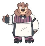 anthro apron bow_tie brown_body brown_fur clothing fur humanoid_hands male shirt simple_background slightly_chubby solo topwear white_background komoroshi_(artist) breeze_in_the_clouds alto_(breeze_in_the_clouds) bear mammal 2019