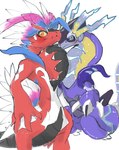 ambiguous_gender blush claws duo feathers gaming jet_engine purple_body red_body simple_background doneru mythology nintendo pokemon ancient_pokemon apex_build_koraidon dragon future_pokemon generation_9_pokemon koraidon legendary_pokemon miraidon mythological_creature mythological_scalie paradox_pokemon pokemon_(species) scalie ultimate_mode_miraidon absurd_res hi_res sketch