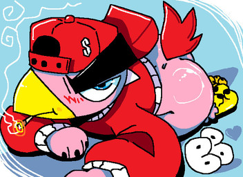 angry_eyebrows anthro backwards_baseball_cap backwards_hat baseball_cap beak black_nails blue_background blue_eyes blush blush_lines cigarette cigarette_in_mouth clothing colored_nails eyebrows feet glistening glistening_body glistening_skin hat headgear headwear male nails object_in_mouth pink_body red_clothing red_sweater red_tail_feathers red_topwear simple_background smoke smoking solo sweater talons text thick_eyebrows toes topwear salamikii cool_s baball avian bird