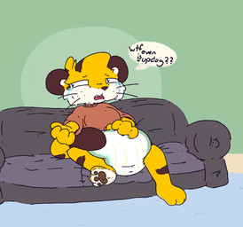 3_toes 4_fingers anthro big_diaper black_whiskers blue_carpet bodily_fluids brown_body brown_ears brown_fur brown_nose brown_pawpads brown_stripes brown_tail brown_tail_tip carpet clean_diaper clothed clothing crying dialogue diaper dipstick_tail feet female fingers fur furniture green_wall grey_sofa hand_on_diaper inside markings narrowed_eyes on_sofa open_mouth pawpads sitting sitting_on_sofa snaggle_tooth sofa solo speech_bubble striped_body striped_fur striped_markings striped_tail stripes tail tail_markings tan_body tan_fur tears text three-quarter_view toes touching_diaper wall_(structure) wearing_diaper wetness_indicator whisker_spots whiskers white_inner_ear yellow_body yellow_fur yellow_tail boredomwithfriends ace_(boredomwithfriends) felid mammal pantherine tiger english_text full-length_portrait hi_res portrait