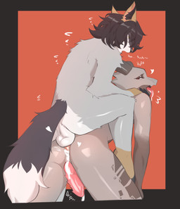 anthro balls_deep bodily_fluids breath brown_body brown_fur cum cum_dripping_from_penis cum_inside cum_leaking_from_ass cum_leaking_out cum_on_penis duo eyewear femboy from_behind_position fur genital_fluids genitals glasses grey_body grey_fur grey_skin heart_symbol horn interspecies knot knotted_penis knotting leaking_cum looking_pleasured male male/male male_penetrated male_penetrating male_penetrating_male multicolored_body multicolored_fur multicolored_skin on_top on_top_of penetration penis profanity red_eyes saliva saliva_on_tongue saliva_string sex small_top_big_bottom spiked_penis spikes spikes_(anatomy) text tongue tongue_out wearing_glasses yellow_eyes anic_(artist) nathan_(nathannatefox) canid canine canis eurasian_wolf kobold mammal scalie wolf absurd_res english_text hi_res