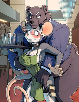 anthro anthro_on_anthro apron beverage blush breasts choker clothing duo female fur grey_body grey_fur jewelry male male/female necklace public questionable_consent waiter rick_griffin american_opossum bear mammal marsupial hi_res