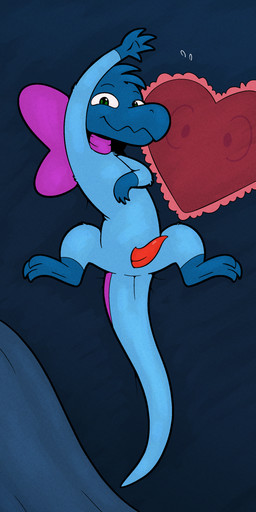 after_transformation bed blue_body bodily_fluids bow_ribbon flying_sweatdrops furniture genitals green_eyes heart_pillow implied_transformation inanimate_transformation lying lying_on_bed on_bed penis pillow smile smiling_at_viewer solo sweat sweatdrop transformation respecies nintendo pokemon dez_(ashura43) generation_7_pokemon pokemon_(species) salandit hi_res