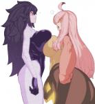 3_fingers big_breasts black_hair bodily_fluids bottomwear breast_squish breasts breasts_frottage clothing duo fangs female fingers hair hand_on_hip long_hair not_furry open_mouth pink_hair red_eyes skirt squish sweat sweatdrop teeth yellow_eyes space_zin nintendo pokemon generation_1_pokemon generation_6_pokemon gengar gourgeist humanoid pokemon_(species) hi_res