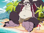 4_toes 5_fingers anthro ball barefoot beach beach_ball beach_chair belly black_body black_claws black_finger_claws black_fur black_toe_claws bottomwear brown_bottomwear brown_clothing brown_shorts bulge chest_tuft cigar claws clothed clothed_anthro clothed_male clothing cloud countershade_fur countershade_torso countershading day detailed_background eyebrows feet finger_claws fingers fur hair hand_behind_head holding_cigar holding_object inflatable macro macro_anthro macro_male male markings mountain multicolored_body multicolored_fur navel nipples open_clothing open_mouth open_shirt open_smile open_topwear outside overweight overweight_anthro overweight_male palm_tree pink_inner_ear pink_nipples plant red_clothing red_shirt red_topwear sand seaside shirt shorts sitting sitting_on_ground sky smile smoking smoking_cigar solo striped_body striped_fur striped_markings striped_tail stripes tail tail_markings teeth toe_claws toes tongue topwear tree tuft two_tone_body two_tone_fur two_tone_tail water white_body white_countershading white_eyebrows white_fur white_hair white_stripes arley_dog rukker_(teaselbone) mammal mephitid skunk striped_skunk 2022 digital_drawing_(artwork) digital_media_(artwork) signature