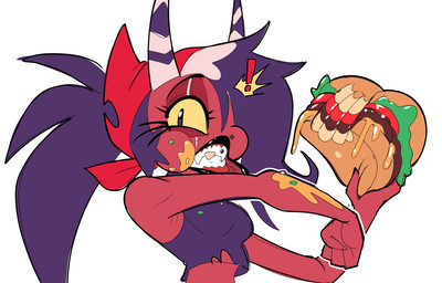 burger caught_in_the_act clothing crop_top exclamation_point eye_scar facial_scar fangs female food food_on_face hair hair_over_eye horn messy_eater red_body red_skin scar shirt simple_background solo striped_horn stripes teeth topwear white_background wiping_face yellow_sclera galactabee hellaverse helluva_boss sallie_may_(helluva_boss) demon humanoid imp 2025 hi_res trans_(lore) trans_woman_(lore)