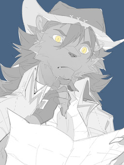 anthro blue_background chevron_(marking) claws clothed clothed_anthro clothed_male clothing collared_shirt dark_body dark_fur dark_hair dress_shirt eyebrows finger_claws fingerless_gloves fur gloves handwear hat headgear headwear holding_object holding_paper jacket looking_at_object looking_at_paper male markings mouth_closed necktie one_fang overbite paper pawpads pupils shirt simple_background slit_pupils solo thinking topwear white_sclera yellow_eyes chiayeeee unnamed_jaguar_(noelb_d) felid jaguar mammal pantherine 2023 absurd_res bust_portrait digital_drawing_(artwork) digital_media_(artwork) hi_res portrait