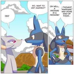 anthro blue_body blue_fur dialogue fur simple_background smile tail text ragster_(artist) nintendo pokemon canid canine generation_4_pokemon generation_5_pokemon lucario mammal mienshao pokemon_(species) 1:1 comic digital_media_(artwork) english_text hi_res