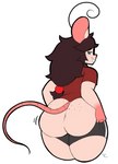 anthro big_butt bottomwear brown_hair butt clothing dressing eyewear female glasses hair long_hair rear_view shorts solo spandex spandex_shorts struggling_to_fit thick_thighs tight_bottomwear tight_clothing digitalpelican tina_(digitalpelican) mammal mouse murid murine rodent 2023 hi_res