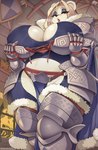 anthro armor belly big_breasts blue_clothing blue_shirt blue_topwear bodily_fluids bottomwear breasts ceiling cleavage clothed clothing curvy_figure eyelashes eyeshadow female gauntlets glistening glistening_body gloves hair half-closed_eyes handwear huge_breasts inside legwear lips loincloth looking_at_viewer makeup melee_weapon narrowed_eyes open_mouth shield shirt solo standing steam sweat sword thick_thighs thigh_highs tight_clothing topwear undressing voluptuous weapon white_body white_hair wide_hips krokobyaka mathilda_snowbriar bear mammal polar_bear ursine 2023 digital_media_(artwork) hi_res