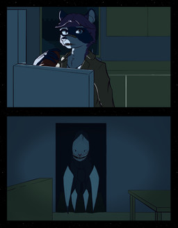 adhesive_bandage ambiguous_gender anthro appliance armchair blue_eyes chair clothing feral fridge fur furniture hair horror_(theme) kitchen_appliance male midnight_snack purple_body purple_fur purple_hair simple_background table teeth white_body white_fur white_skin leondarkfox mammal monster procyonid raccoon absurd_res comic digital_media_(artwork) hi_res