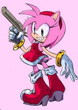 adolescent anthro bracelet clothed clothing desert_eagle dress female footwear gloves gun hair handgun handwear holding_gun holding_object holding_ranged_weapon holding_weapon jewelry looking_at_viewer pink_body pistol ranged_weapon shoes short_hair simple_background smile solo tail weapon young randomguy999 sega sonic_the_hedgehog_(series) amy_rose eulipotyphlan hedgehog mammal absurd_res hi_res