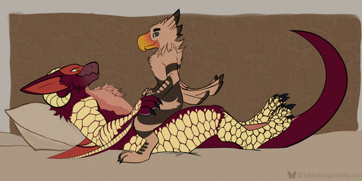 anthro beak black_sclera bovid_horn caprine_horn chest_tuft claws cuddling damask_pattern duo feathers finger_claws fluffy fur hand_on_hip hand_on_leg horn long_ears looking_at_another looking_back male male/male membrane_(anatomy) membranous_wings multicolored_body on_another on_top pillow ram_horn red_body red_fur scales simple_background smile smiling_at_another tail tail_feathers toe_claws tuft two_tone_body white_eyes wings yellow_body yellow_eyes yellow_scales bessacuga capcom monster_hunter arthur_the_eagle bessa accipitrid accipitriform avian bird eagle flying_wyvern nargacuga scalie 2026 digital_drawing_(artwork) digital_media_(artwork) hi_res