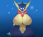 2018 amphibian anthro big_breasts blue_body breasts curvy_figure female generation_6_pokemon genitals greninja hamili looking_at_viewer marine multicolored_body multicolored_skin nintendo nipples non-mammal_breasts nude pokemon pokemon_(species) pokemorph pose pussy red_eyes simple_background solo standing thick_thighs tongue voluptuous weapon wide_hips yellow_body yellow_skin